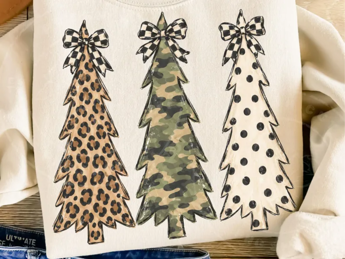 RTS CHRISTMAS TREES LEOPARD CAMO POLKA DTF DIRECT TO FILM transfers ADULT 10.5X11.5