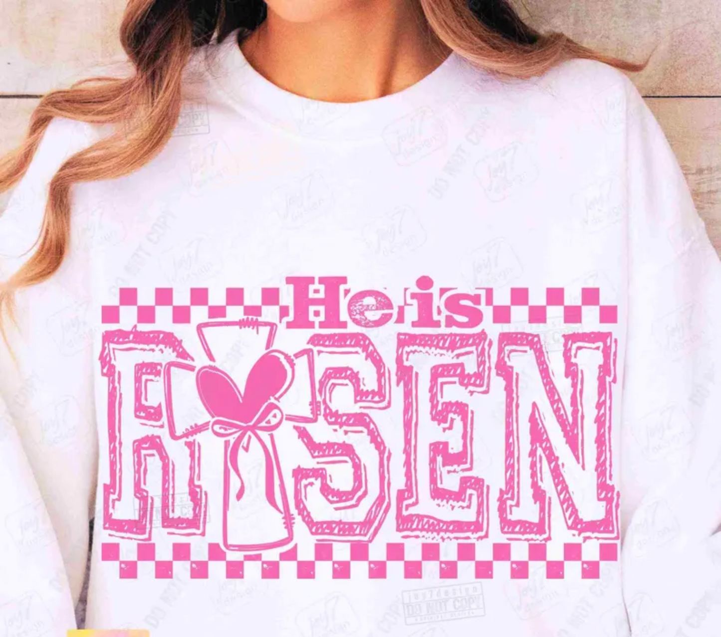 HE IS RISEN CROSS HEART CHECKER SINGLE COLOR PINK DTF TRANSFER PRINT TO ORDER 730