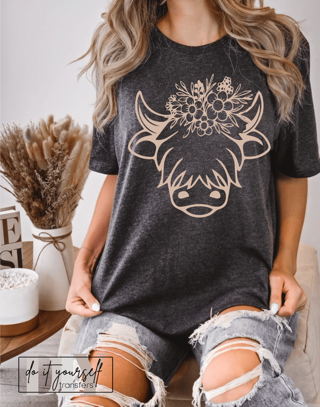 COW Flowers boho farm SINGLE COLOR TAN size ADULT DTF TRANSFERPRINT TO ORDER - Do it yourself Transfers