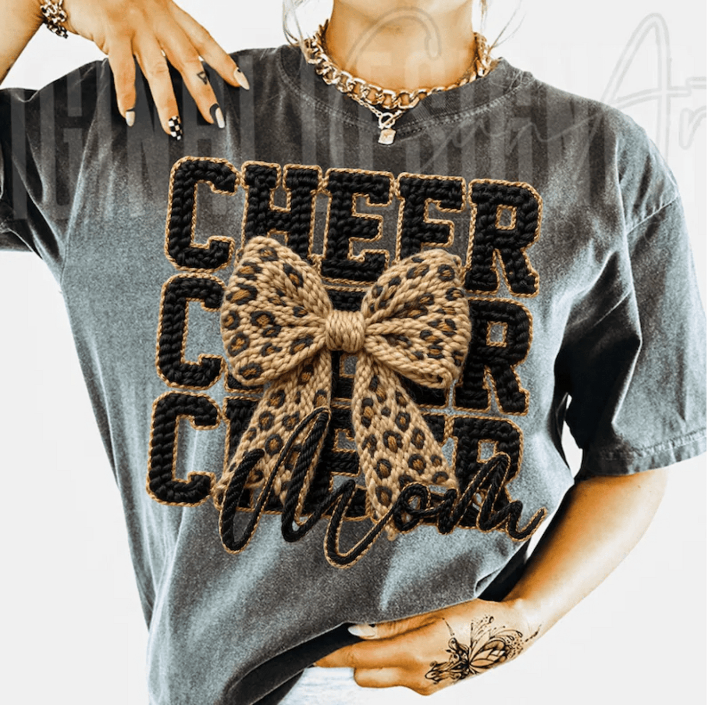 RTS CHEER CHEER CHEER MOM BOW YARN FAUX DTF DIRECT TO FILM transfers ADULT 10X12 - Do it yourself Transfers