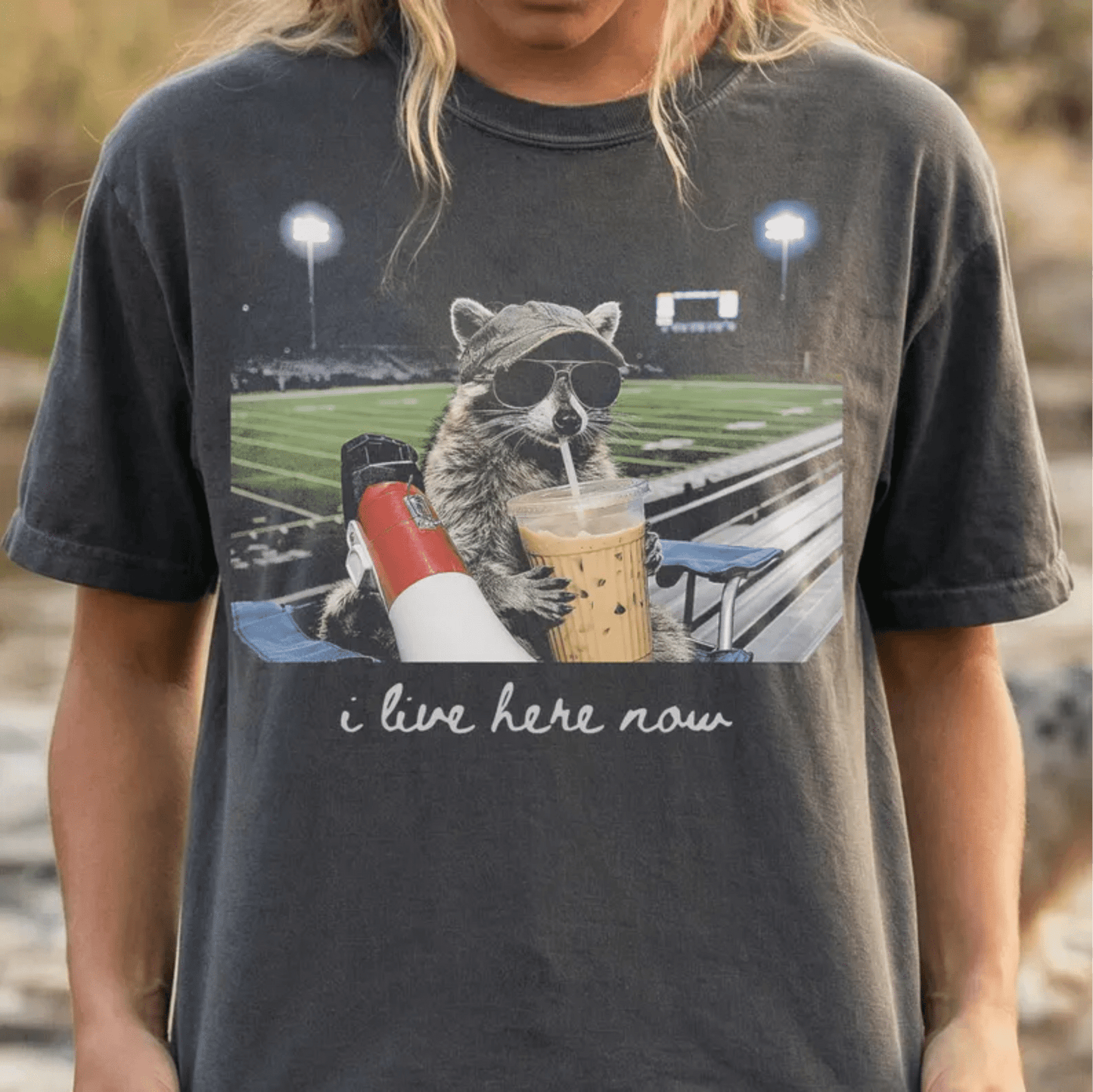 RTS I LIVE HERE NOW RACOON FOOTBALL DTF DIRECT TO FILM transfers ADULT 10X11.5 - Do it yourself Transfers