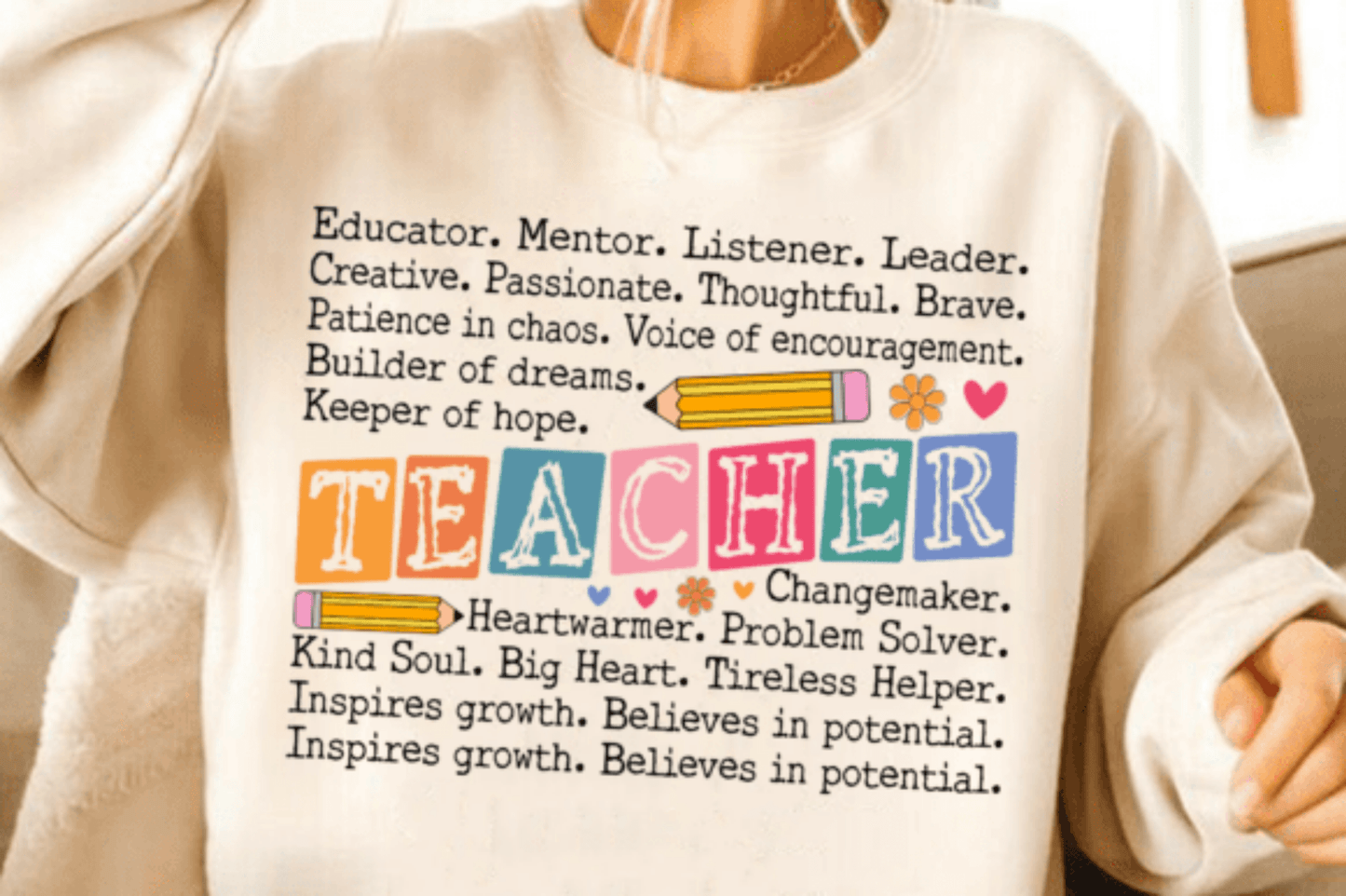 RTS TEACHER MULTI COLOR WORDS PENCIL DTF DIRECT TO FILM transfers ADULT 10X11.5 - Do it yourself Transfers