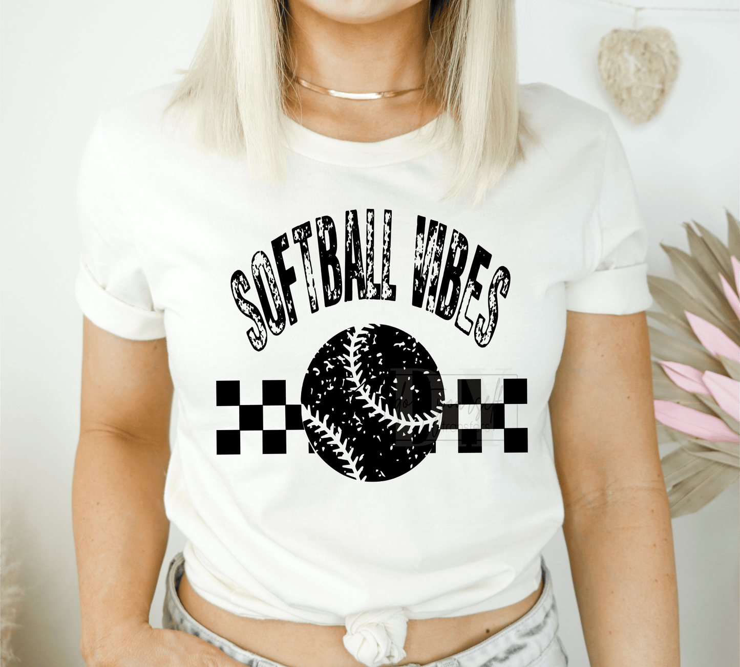 Softball vibes checkered SINGLE COLOR BLACK size ADULT 10X13 DTF TRANSFERPRINT TO ORDER - Do it yourself Transfers