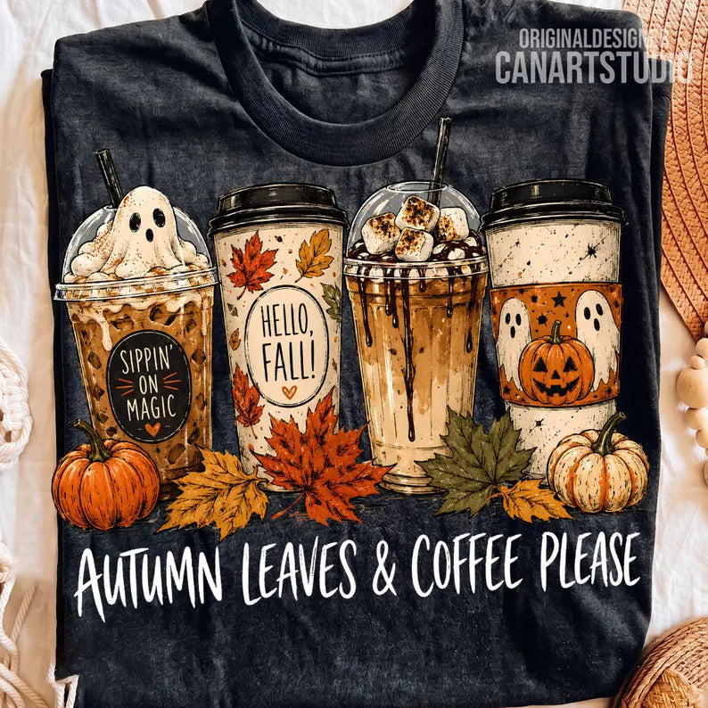 RTS AUTUMN LEAVES & COFFEE PLEASE DTF DIRECT TO FILM transfers ADULT 10X11.5