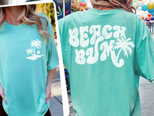 RTS BEACH BUM palm trees SINGLE COLOR WHITE Screen Print transfers size ADULT POCKET 4X5 BACK 10X12