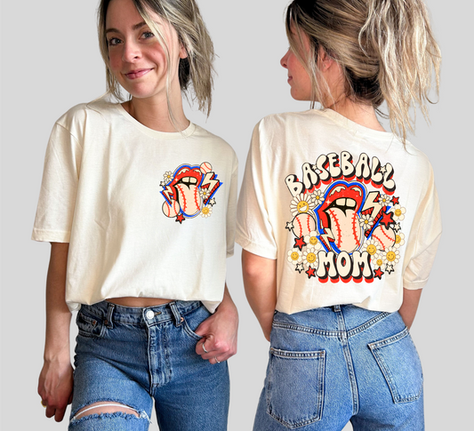 Baseball MOM tongue mouth flowers  ADULT FRONT  BACK  DTF TRANSFERPRINT TO ORDER