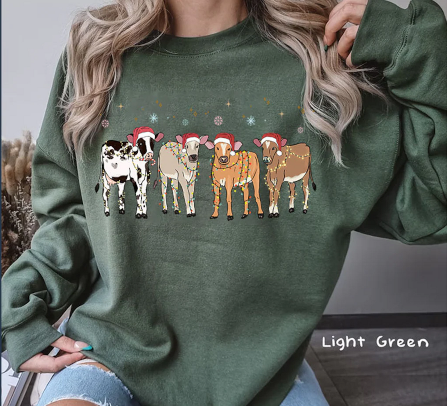 COWS CHRISTMAS LIGHTS  ADULT  DTF TRANSFERPRINT TO ORDER