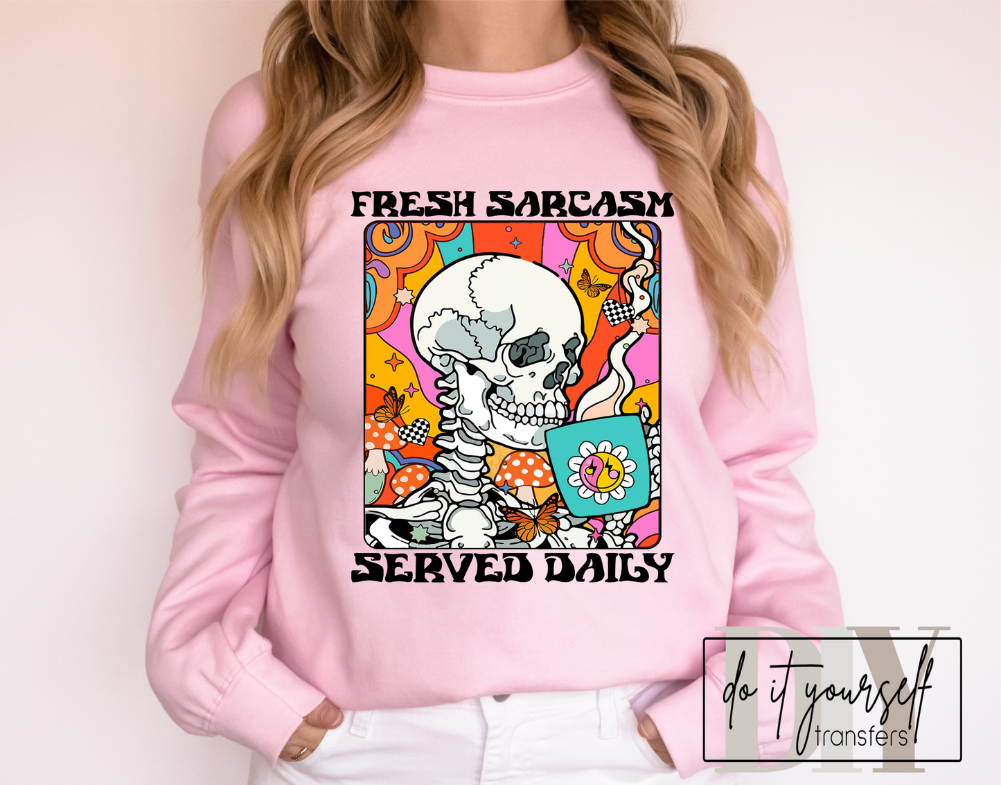 RTS Fresh Sarcasm served daily coffee skull square retro MATTE DTF DIRECT TO FILM transfers size ADULT 10x12