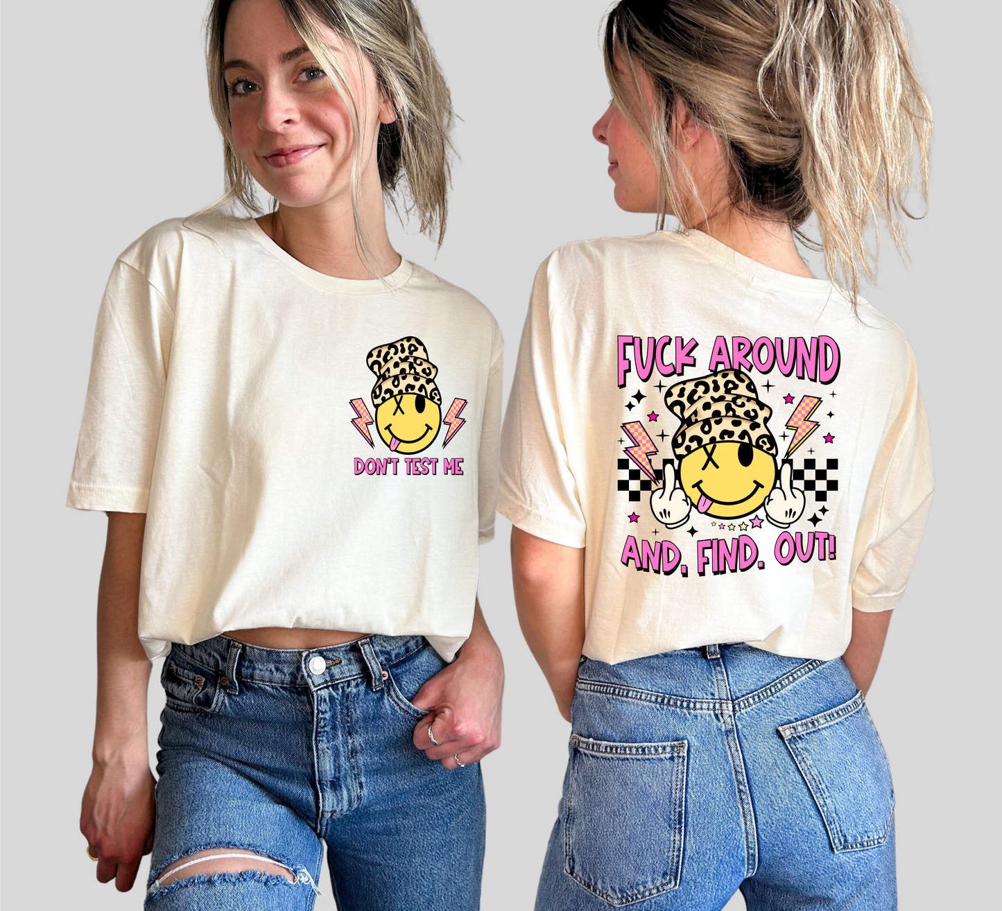 Fuck around and find out don't test me smiley face beanie   ADULT FRONT  BACK  DTF TRANSFERPRINT TO ORDER