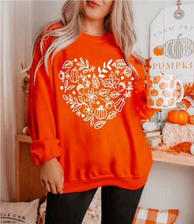 Heart FALL autunm leaves pumpkins SINGLE COLOR WHITE   size ADULT 10.5X11 DTF TRANSFERPRINT TO ORDER