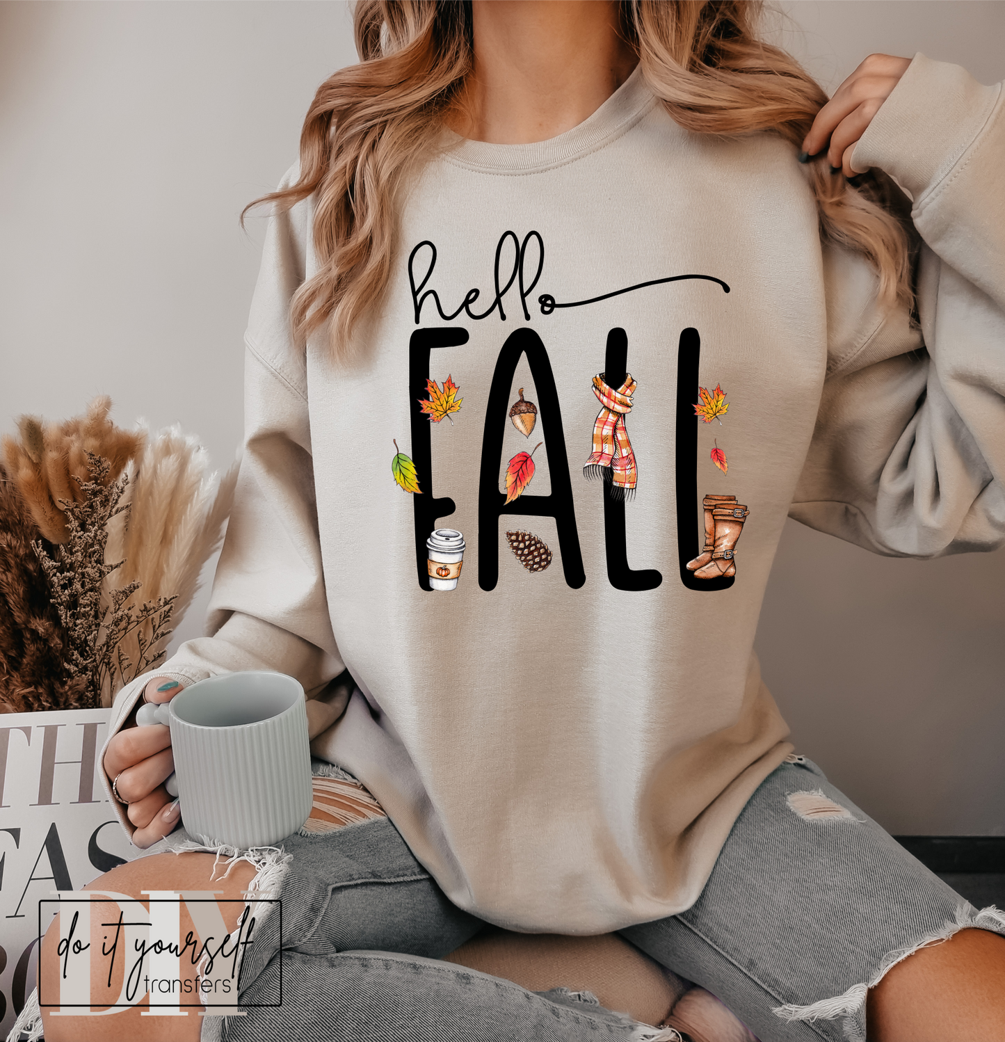 Hello FALL coffee boots leaves  ADULT  DTF TRANSFERPRINT TO ORDER