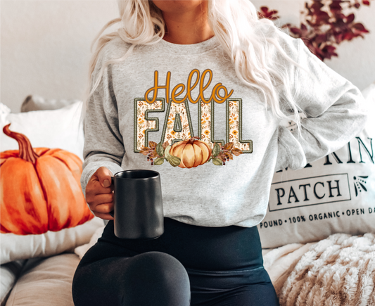 Hello FALL faux embroidery pumpkins  ADULT  DTF TRANSFERPRINT TO ORDER