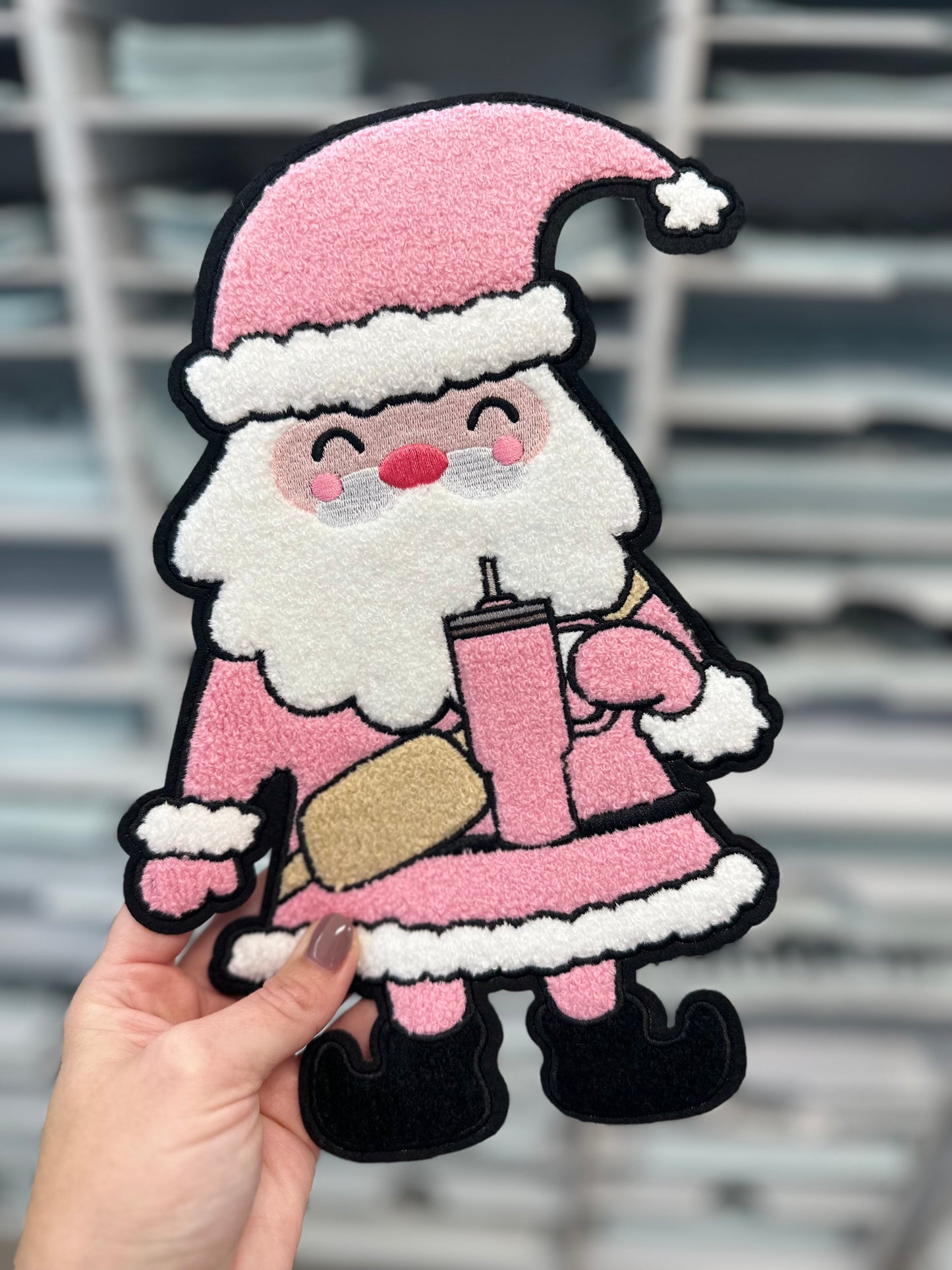 RTS SANTA CLAUS pink crossbody cup Christmas Chenille patch 11.5 inches in size
