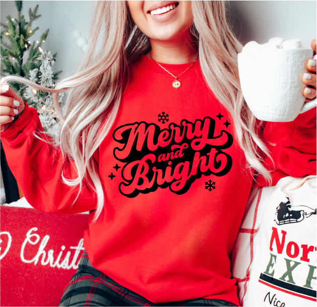 Merry & Bright Christmas SINGLE COLOR BLACK  size ADULT  DTF TRANSFERPRINT TO ORDER