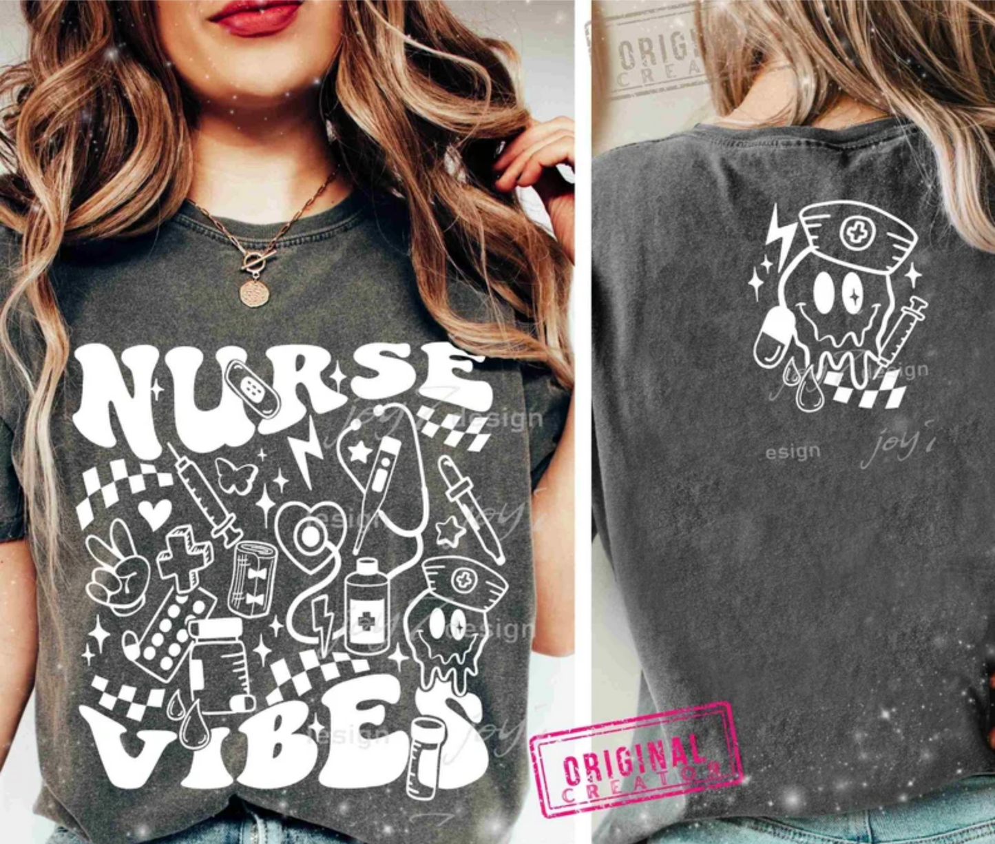 RTS Nurse Vibes medicial smiley face SINGLE COLOR WHITE Screen Print transfers size ADULT FRONT 4X5 BACK 10X12