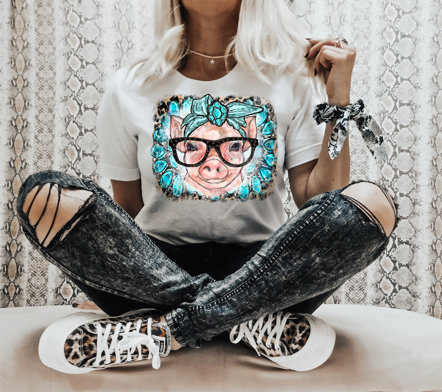 Pig with Glasses Turquoise stone Bandana  ADULT  DTF TRANSFERPRINT TO ORDER