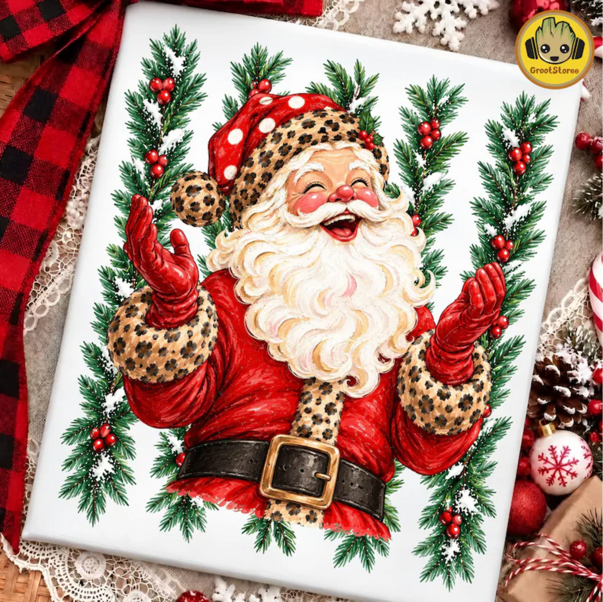 RTS SANTA LEOPARD RED GARLAND CHRISTMAS DTF DIRECT TO FILM transfers ADULT 10.5X11.5