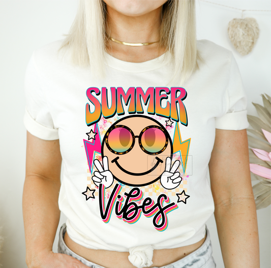 RTS SUMMER Vibes smiley face peace sign glasses DTF DIRECT TO FILM transfers size ADULT 10x12