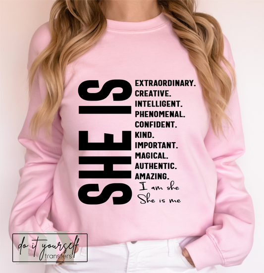 She is extraordinary creative intelligent phenomenal confident kind SINGLE COLOR BLACK  size ADULT  DTF TRANSFERPRINT TO ORDER