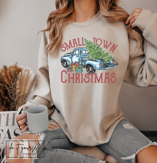 Small town Christmas blue truck tree gifts   DTF TRANSFERPRINT TO ORDER