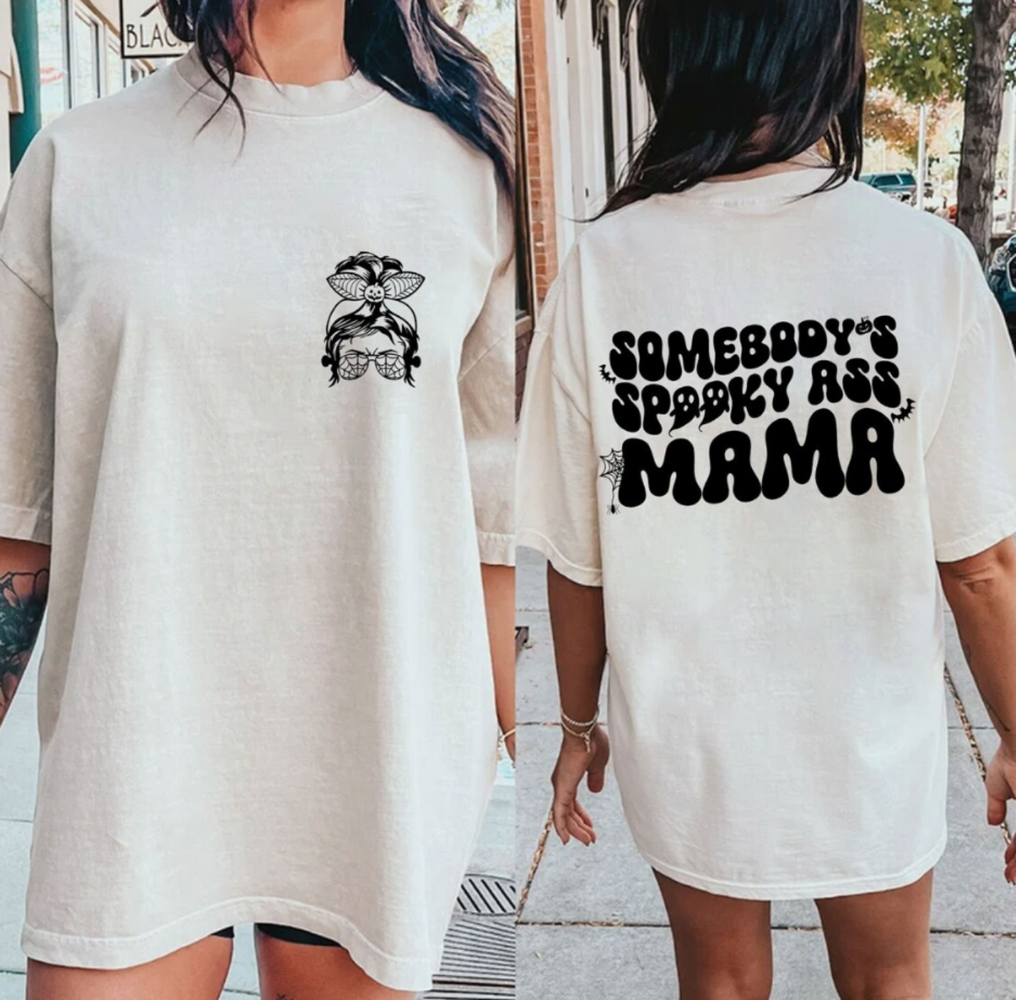 Somebody's Spooky ass MAMA Halloween SINGLE COLOR BLACK  size ADULT FRONT  BACK  DTF TRANSFERPRINT TO ORDER