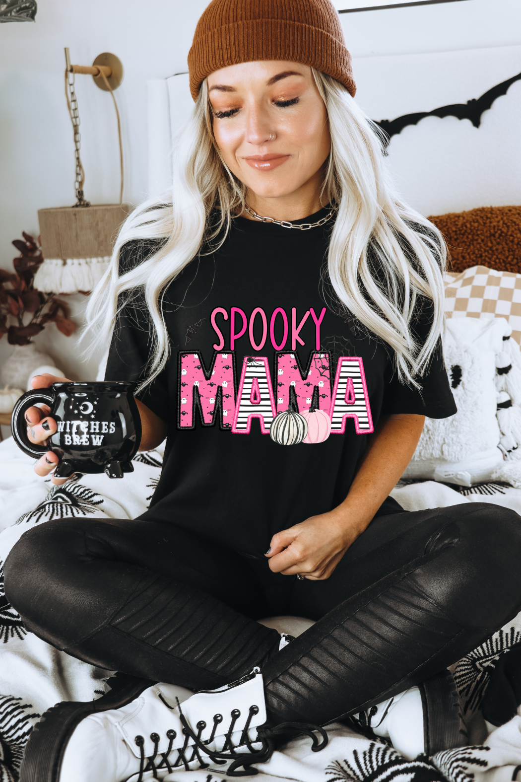 Spooky MAMA pumpkins bats pink faux embroidery   DTF TRANSFERPRINT TO ORDER