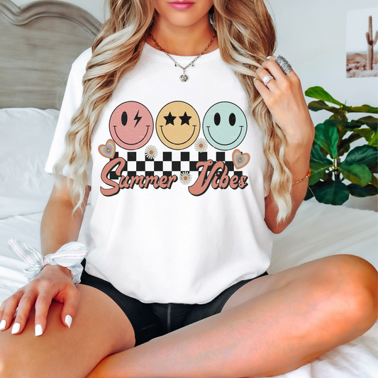 Summer VIBES smiley face flowers checkered  ADULT  DTF TRANSFERPRINT TO ORDER