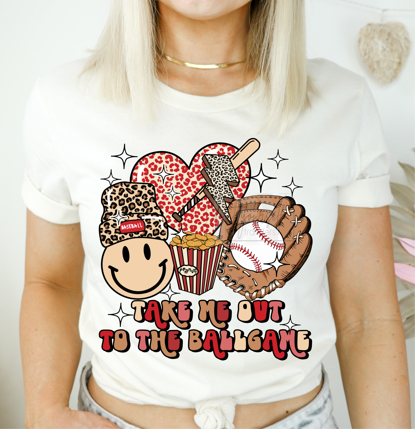Take me out to the ballgame  BASEBALL smiley face beanie heart peanuts glove  ADULT  DTF TRANSFERPRINT TO ORDER