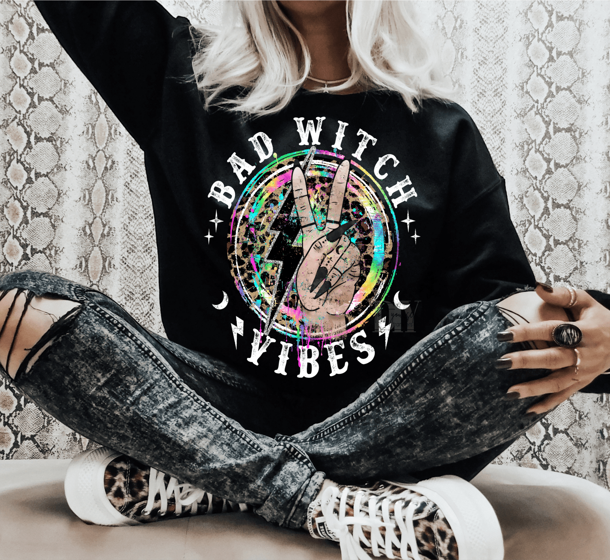 Bad witch vibes peace sign leopard lighting bolt Halloween GLOW IN THE DARK ADULT DTF TRANSFERPRINT TO ORDER - Do it yourself Transfers