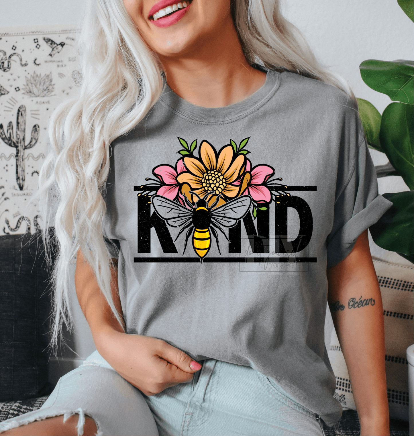 Be Kind Flowers Bee yellow Summer size ADULT DTF TRANSFERPRINT TO ORDER - Do it yourself Transfers