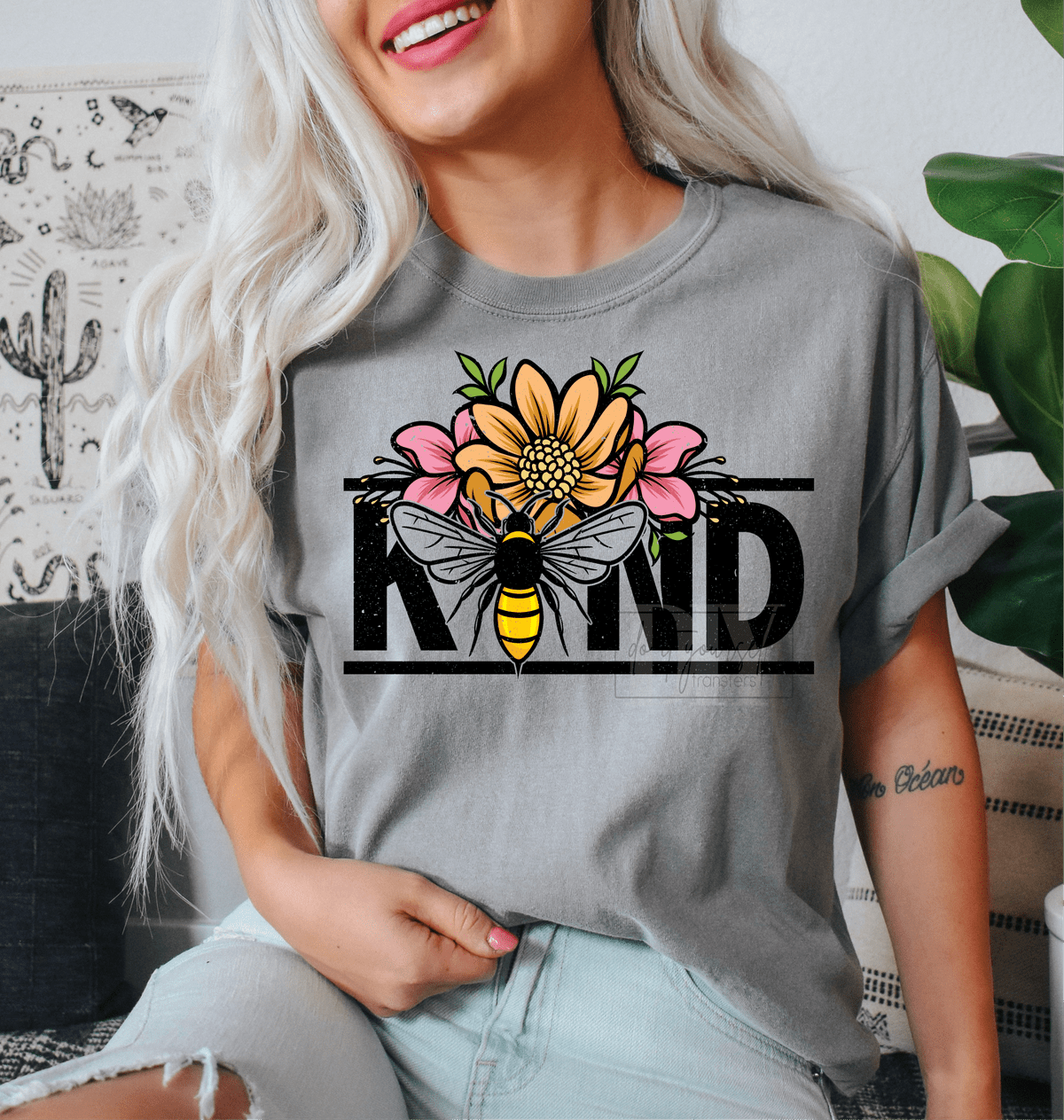 Be Kind Flowers Bee yellow Summer size ADULT DTF TRANSFERPRINT TO ORDER - Do it yourself Transfers
