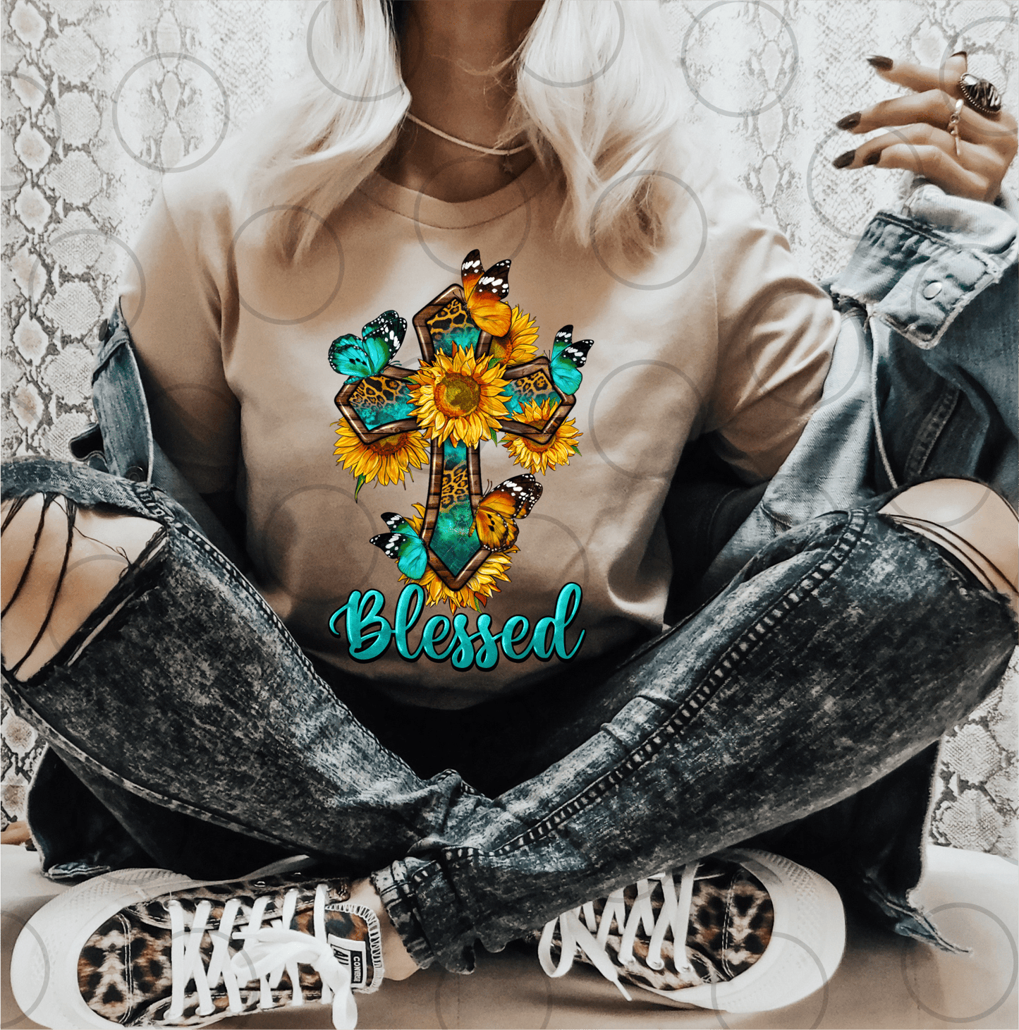 Blessed Cross Sunflower butterflies leopard size ADULT DTF TRANSFERPRINT TO ORDER - Do it yourself Transfers