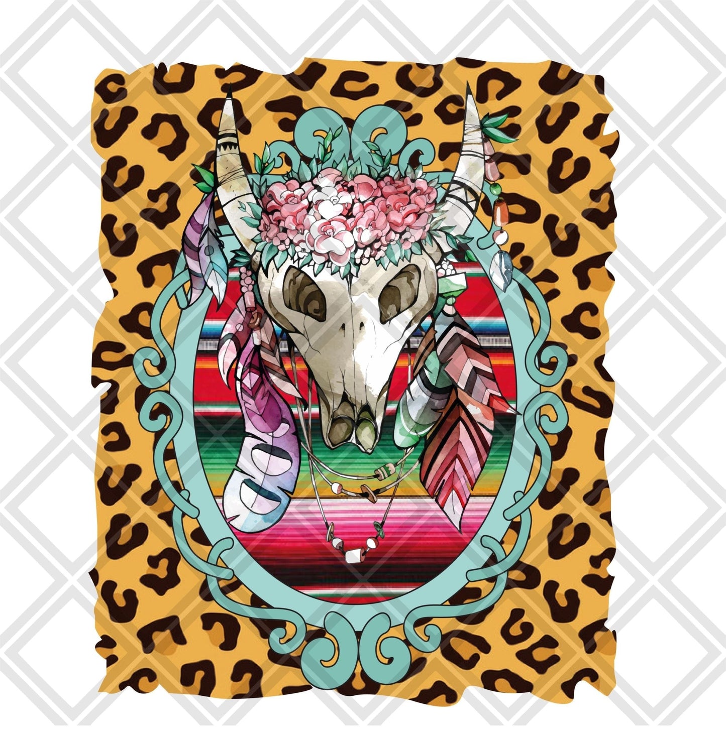 Bull skull Leopard frame feathers png Digital Download Instand Download - Do it yourself Transfers