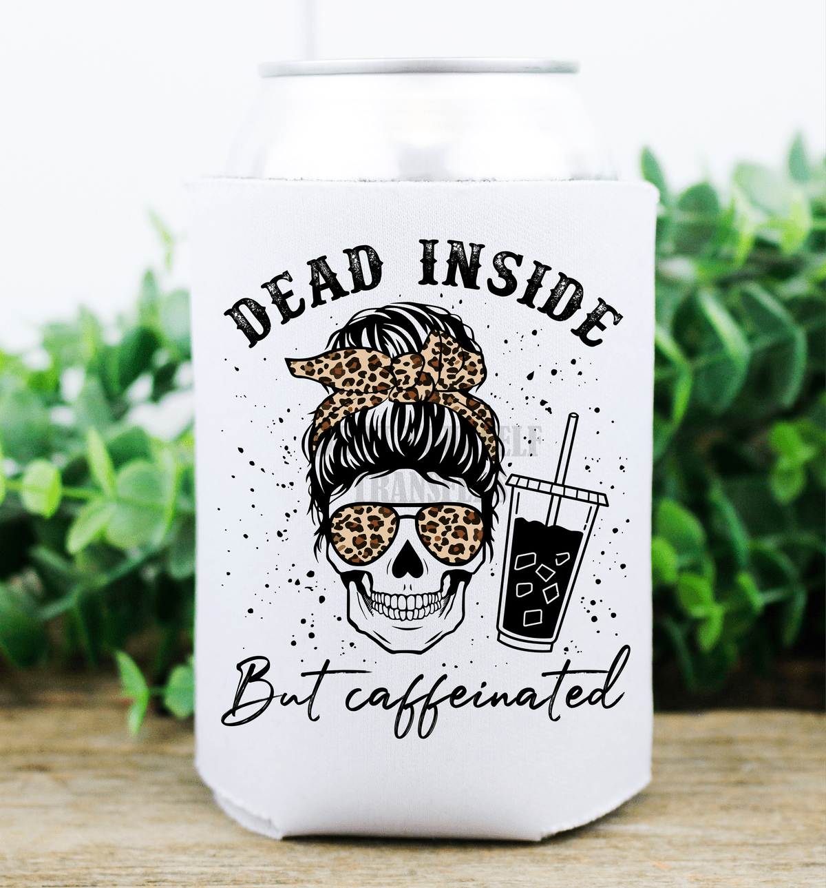 Dead inside but caffeinated mom bun skull cup coffee leopard / size DTF TRANSFERPRINT TO ORDER - Do it yourself Transfers