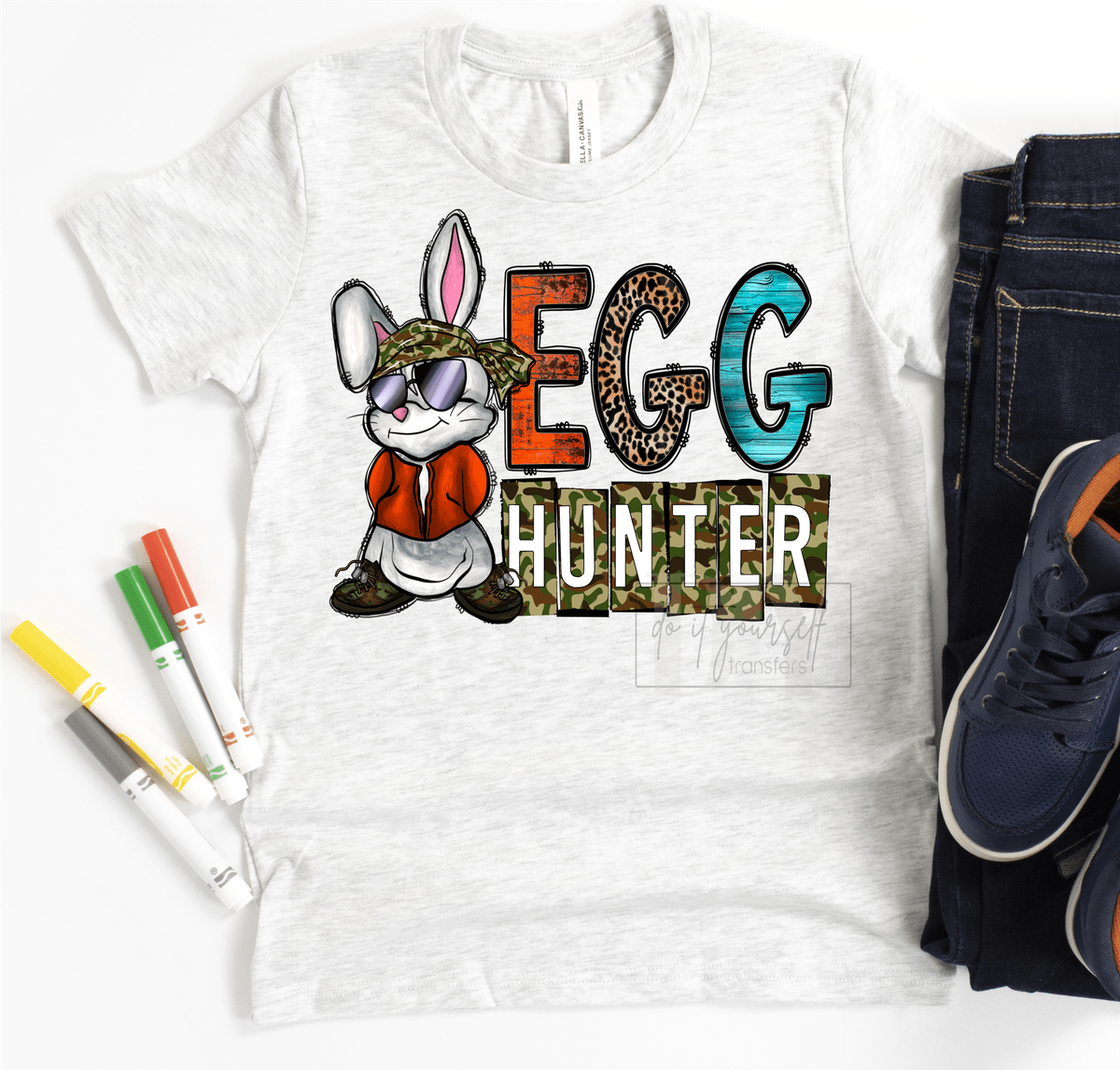 Easter Bunny Egg Hunter BOY camo size KIDS 6.8x8.5 DTF TRANSFERPRINT TO ORDER - Do it yourself Transfers