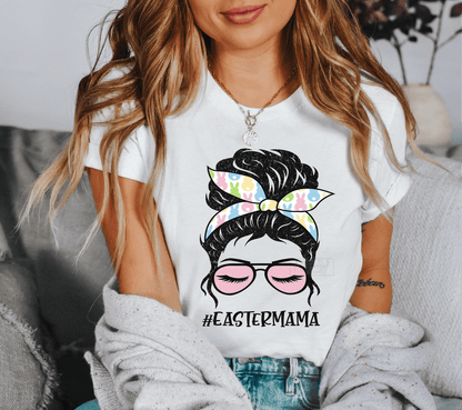 Easter Mama messy mom bun glasses Bunny size ADULT DTF TRANSFERPRINT TO ORDER - Do it yourself Transfers