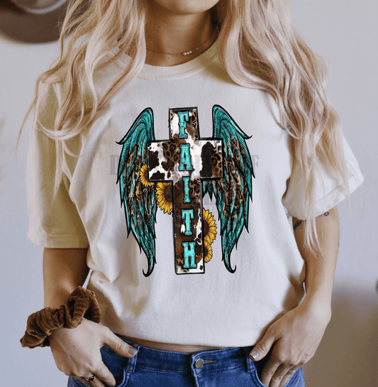 Faith Cross Wings sunflowers cow print turquoise size ADULT 12x9.9 DTF TRANSFERPRINT TO ORDER - Do it yourself Transfers