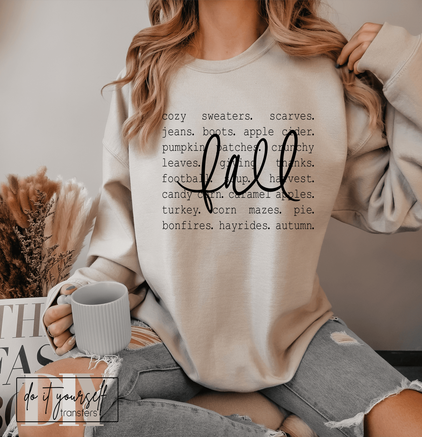 FALL COZY SWEATERS SCARVES JEANS BOOTS APPLE CIDER SINGLE COLOR BLACK size ADULT DTF TRANSFERPRINT TO ORDER - Do it yourself Transfers