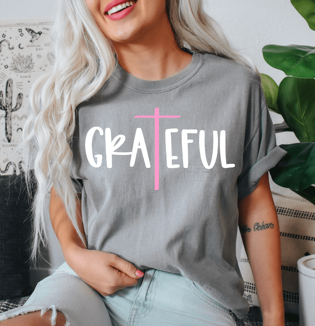 GRATEFUL white letters pink cross size ADULT 6..2 DTF TRANSFERPRINT TO ORDER - Do it yourself Transfers