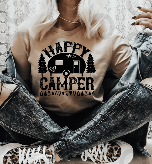 HAPPY CAMPER camping heart SINGLE COLOR BLACK size ADULT DTF TRANSFERPRINT TO ORDER - Do it yourself Transfers