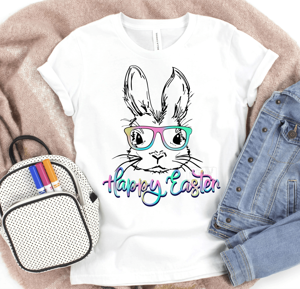 Happy Easter multi color bunny with glasses size KIDS 6x8 DTF TRANSFERPRINT TO ORDER - Do it yourself Transfers