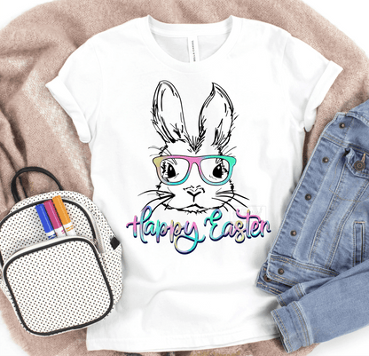 Happy Easter multi color bunny with glasses size KIDS 6x8 DTF TRANSFERPRINT TO ORDER - Do it yourself Transfers