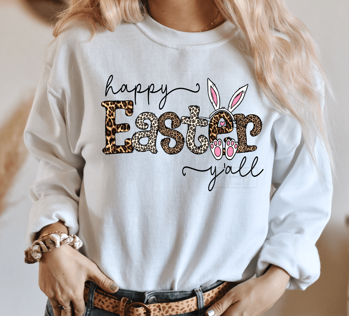 Happy Easter Y'all bunny leopard pink size ADULT DTF TRANSFERPRINT TO ORDER - Do it yourself Transfers