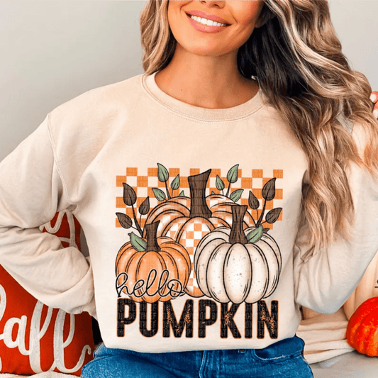Hello Pumpkin fall checked Pumpkin DTF size ADULT DTF TRANSFER PRINT TO ORDER - Do it yourself Transfers