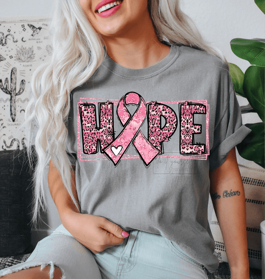 HOPE Cancer Awareness Pink Ribbon leopard size ADULT 12x8 DTF TRANSFERPRINT TO ORDER - Do it yourself Transfers