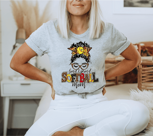 Loud and Proud SOFTBALL Mom Messy mom bun glasses size DTF TRANSFERPRINT TO ORDER - Do it yourself Transfers