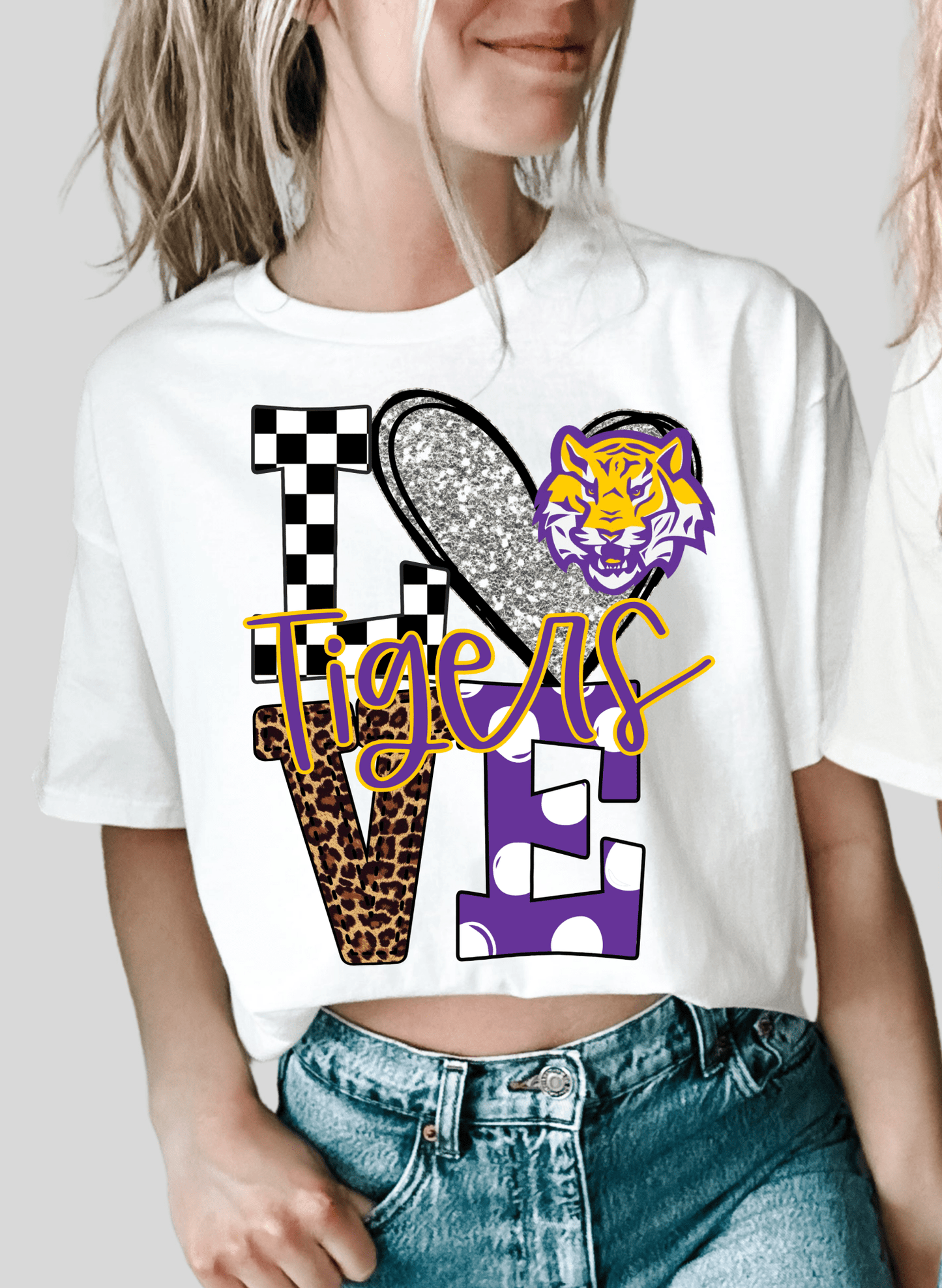 Love TIGERS yellow purple sports DTF size ADULT DTF TRANSFER PRINT TO ORDER - Do it yourself Transfers