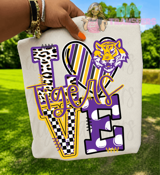 Love TIGERS yellow purple sports DTF size ADULT DTF TRANSFER PRINT TO ORDER - Do it yourself Transfers