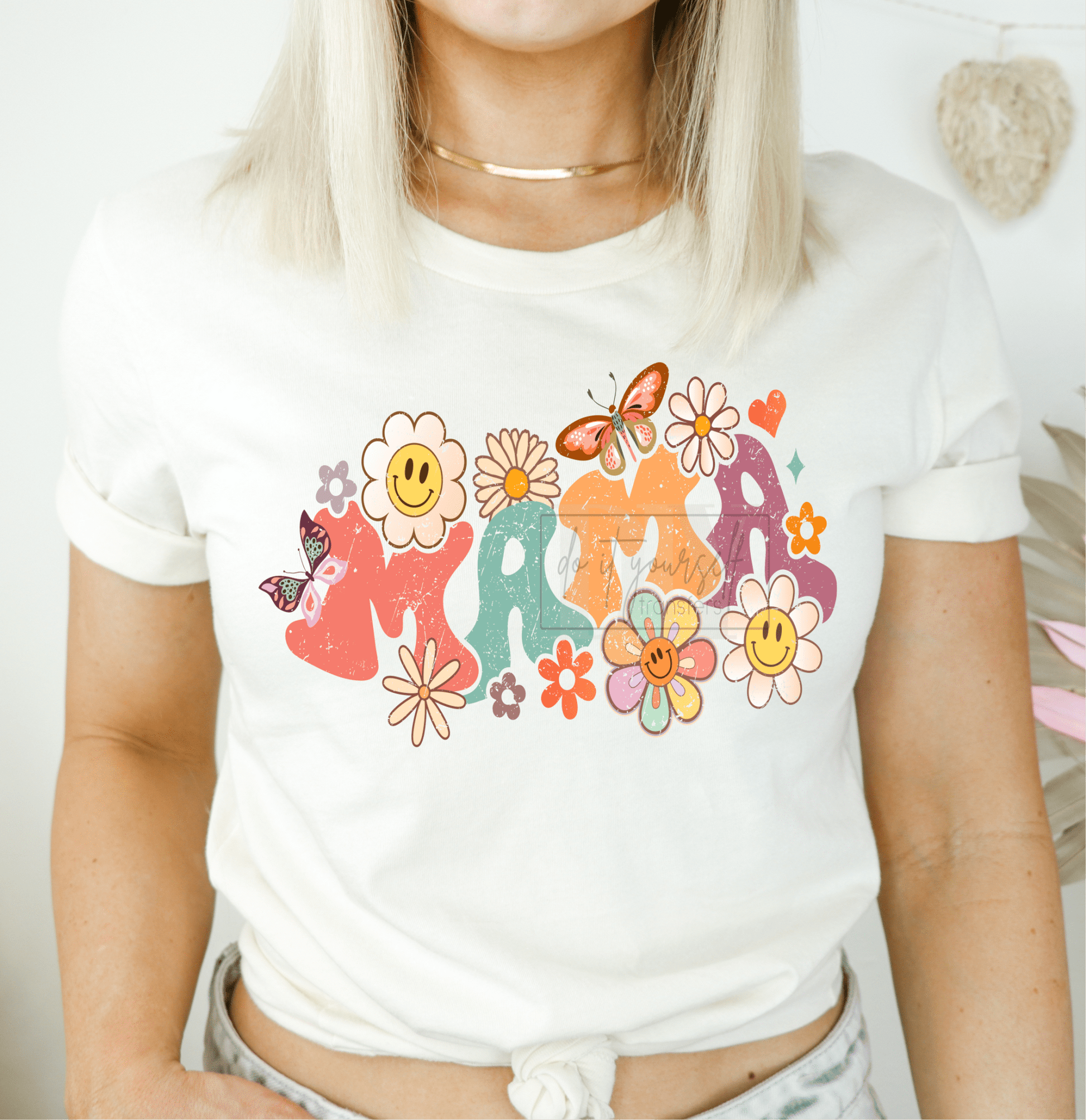 MAMA smiley face flowers butterflies vintage retro ADULT DTF TRANSFERPRINT TO ORDER - Do it yourself Transfers