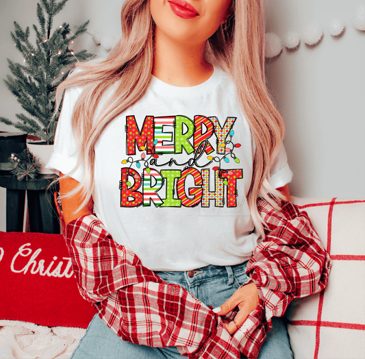 Merry and Bright Christmas Light bulbs red green size ADULT 10x13 DTF TRANSFERPRINT TO ORDER - Do it yourself Transfers